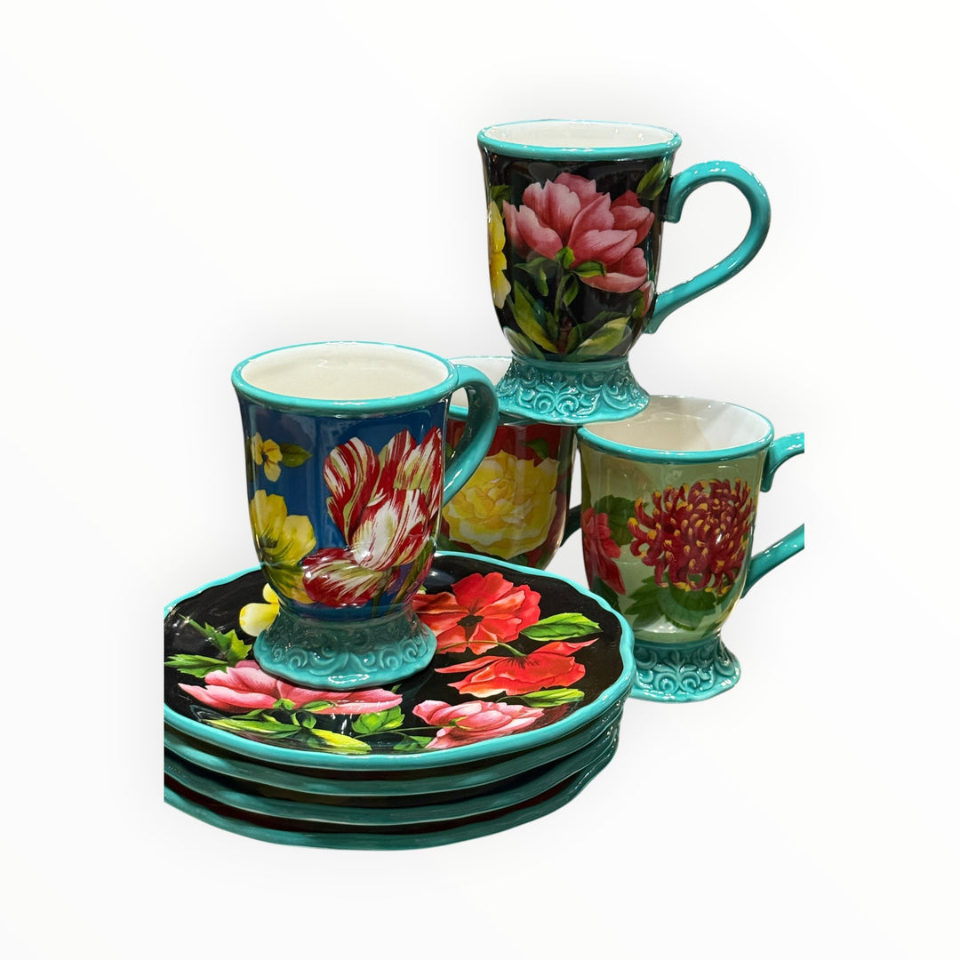 Oneida AROSA Set of 4 Floral Earthenware Salad Plates / Coffee Cups