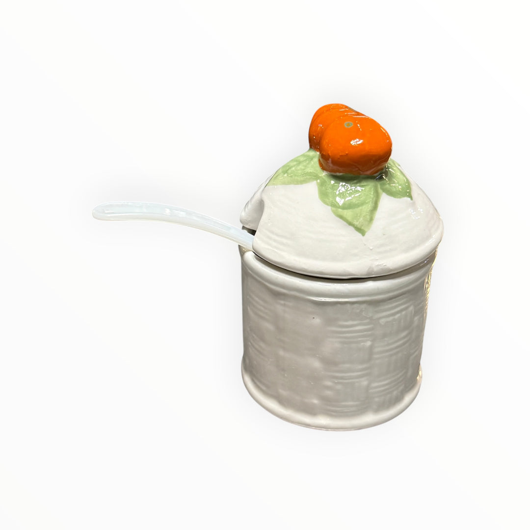 Vintage White Porcelain Jam Jar: Orange Lid
