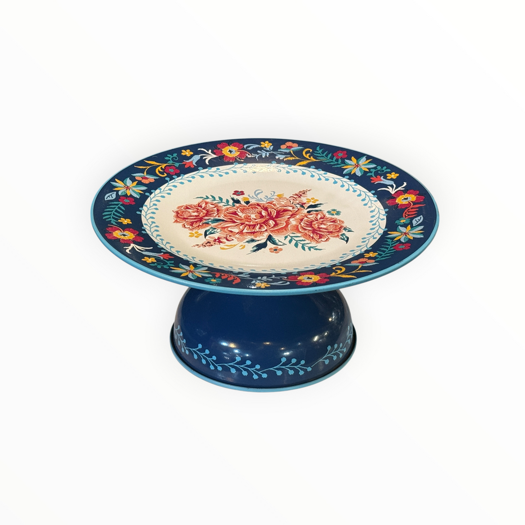 Pioneer Woman Metal Floral Cake Plate Pedestal Blue