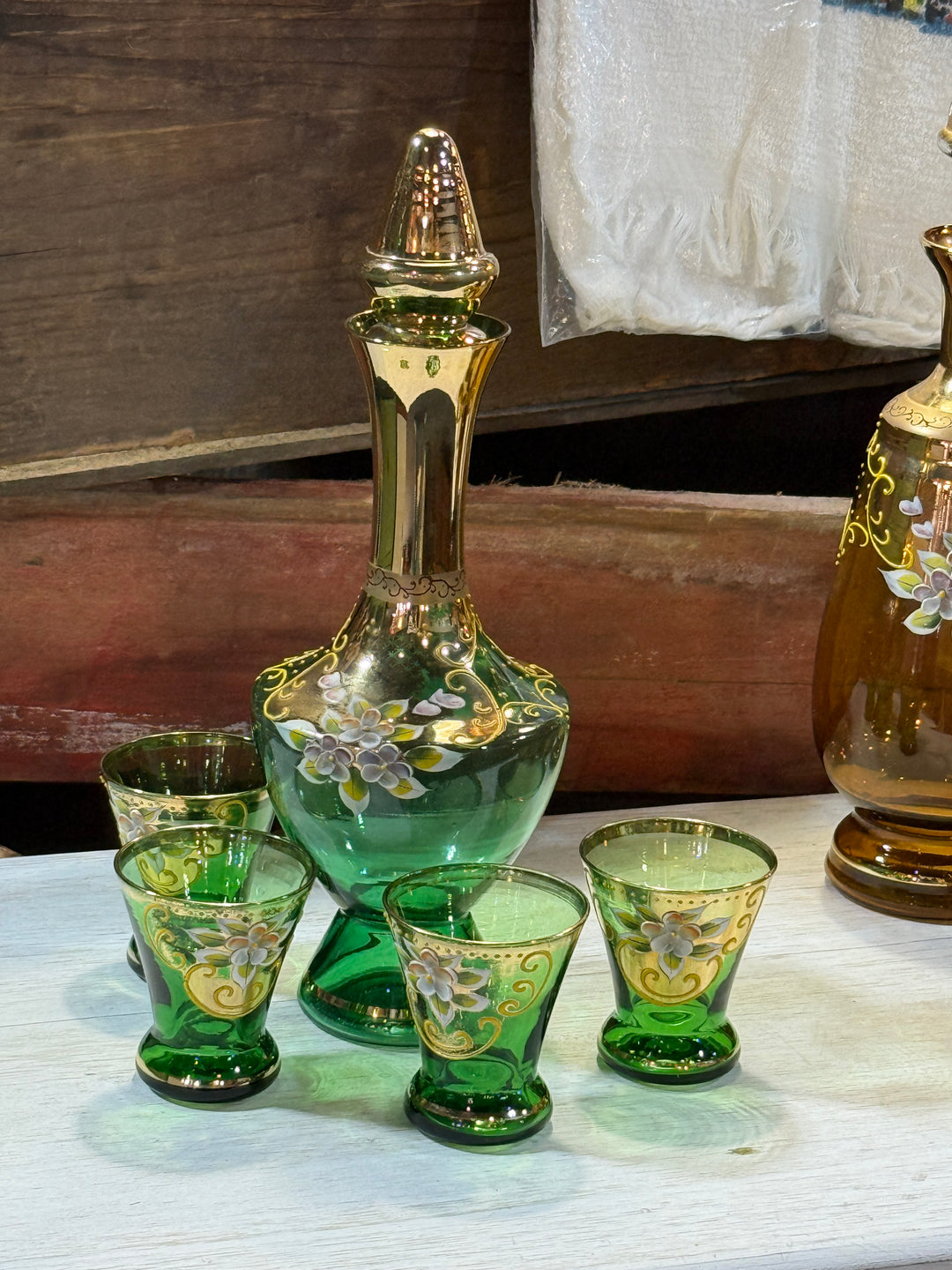 Bohemian Czech Decanter And 6 Glasses Set Emerald Green Hand Painted White And Pink Flowers