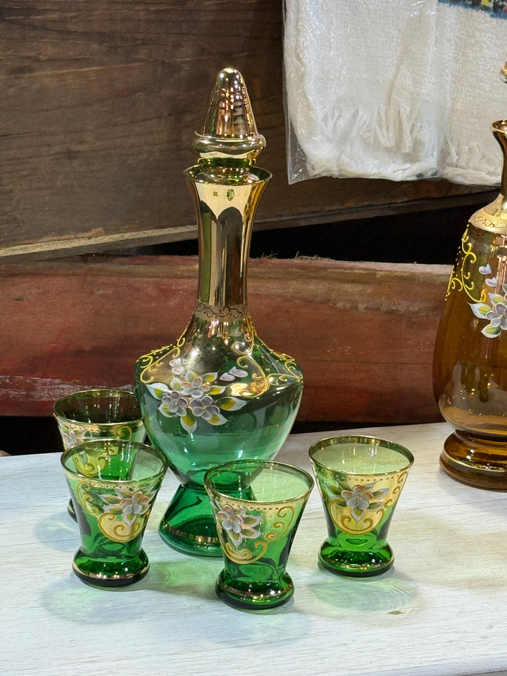 Bohemian Czech Decanter And 6 Glasses Set Emerald Green Hand Painted White And Pink Flowers