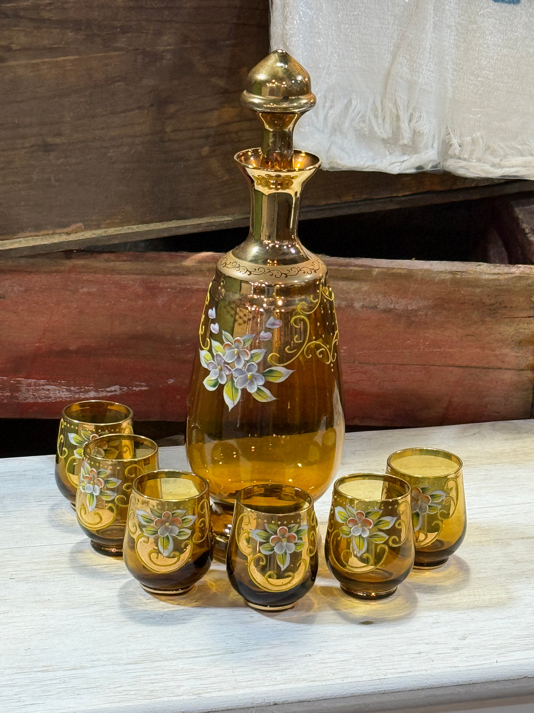Vintage Bohemian Amber Glass Decanter Set with Gold Overlay and Hand Painted Flowers (Copy)