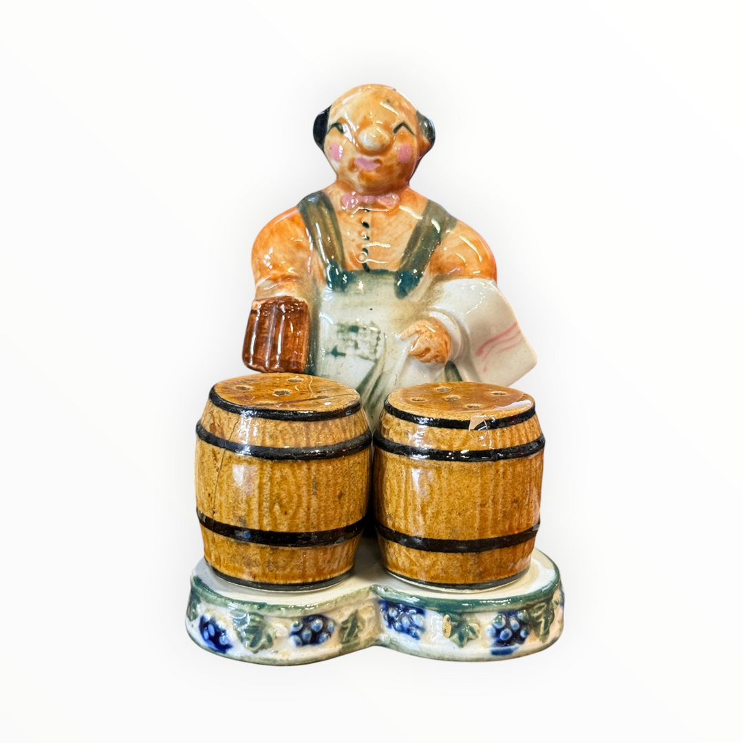 Salt and Pepper Vintage Japan Porcelain Figural Bartender, Beer Barrels