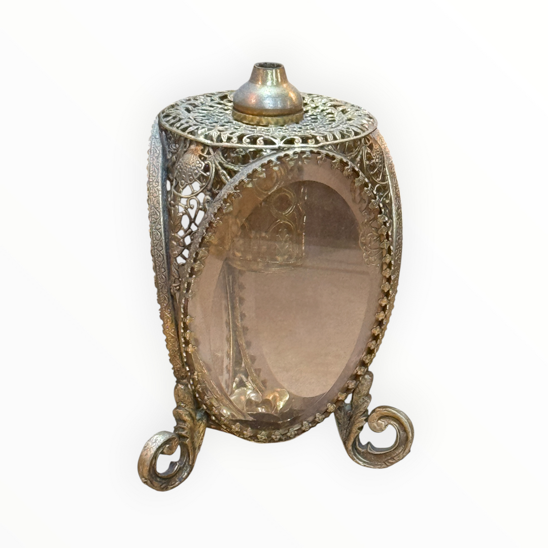 Gold Filigree Ormolu Perfume Bottle Beveled Pink Glass