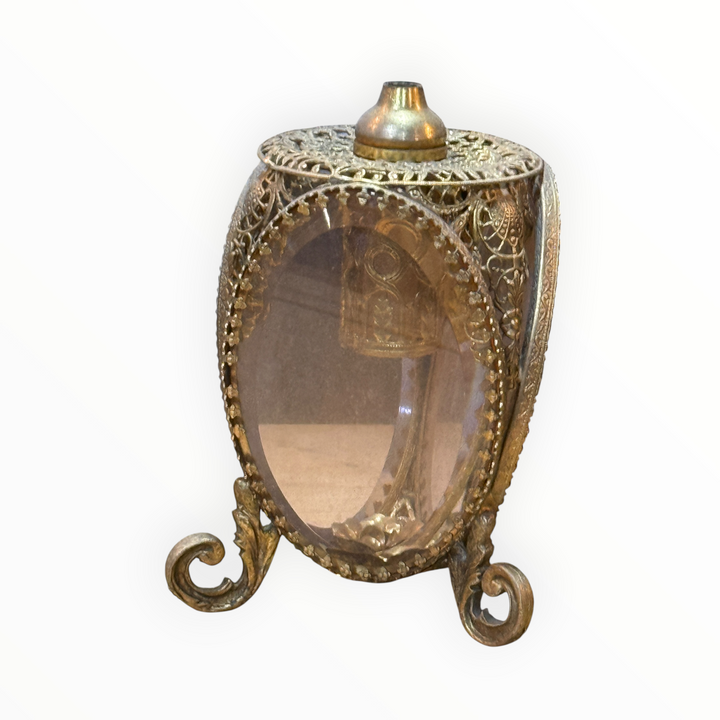 Gold Filigree Ormolu Perfume Bottle Beveled Pink Glass