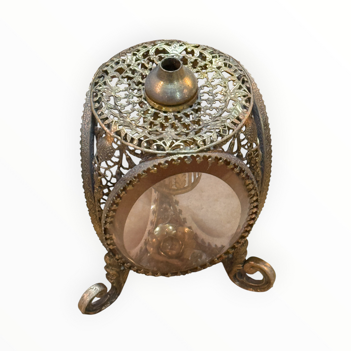 Gold Filigree Ormolu Perfume Bottle Beveled Pink Glass