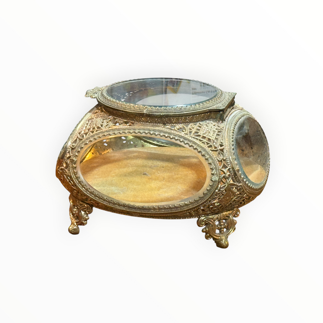 Vintage Ormolu Filigree Beveled Glass Jewelry Casket Velvet Bottom