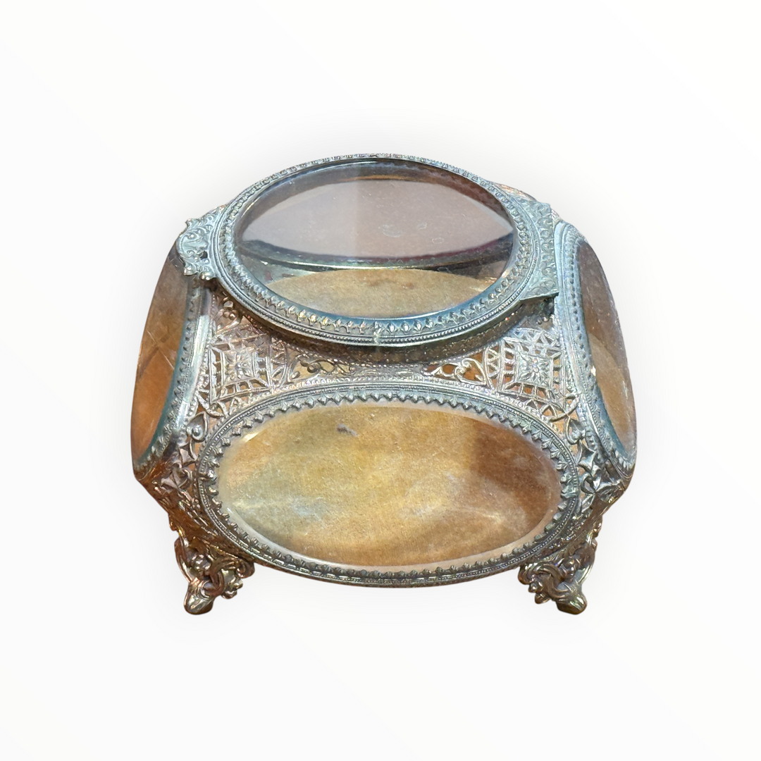 Vintage Ormolu Filigree Beveled Glass Jewelry Casket Velvet Bottom