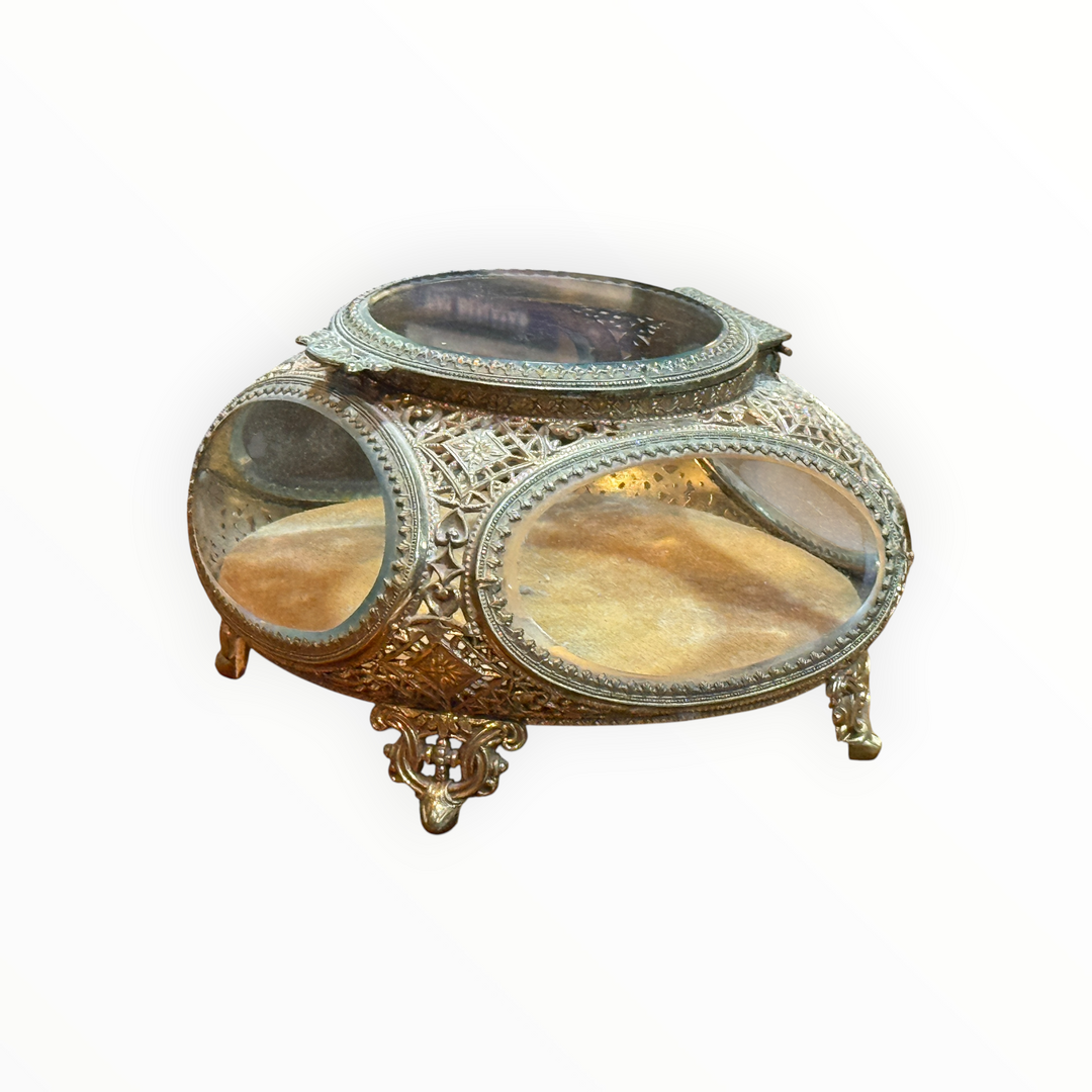 Vintage Ormolu Filigree Beveled Glass Jewelry Casket Velvet Bottom
