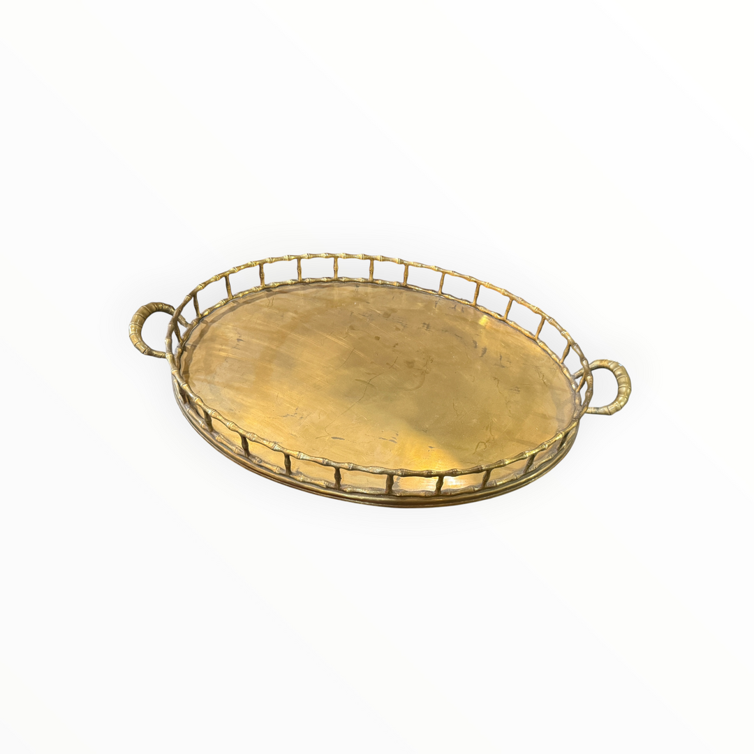 Cast Brass Faux Bamboo Handled Serving Drinks Tray 1950s  19"