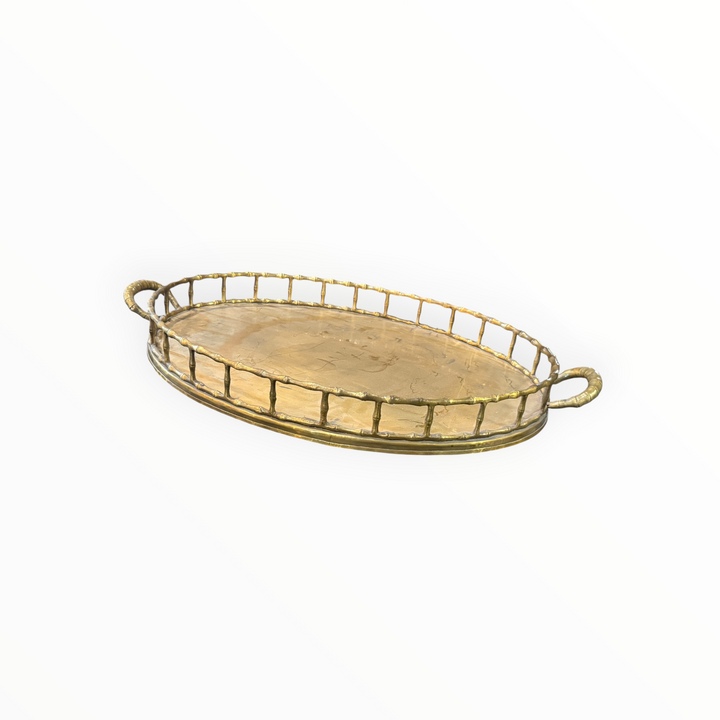 Cast Brass Faux Bamboo Handled Serving Drinks Tray 1950s  19"