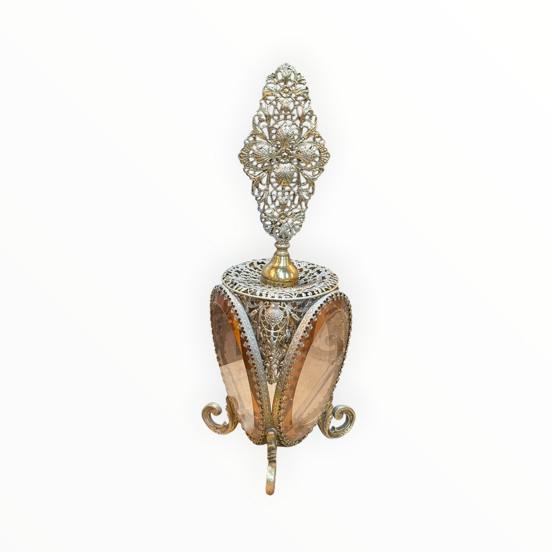 Gold Filigree Ormolu Perfume Bottle Beveled Pink Glass
