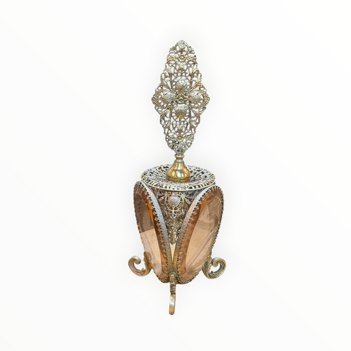 Gold Filigree Ormolu Perfume Bottle Beveled Pink Glass