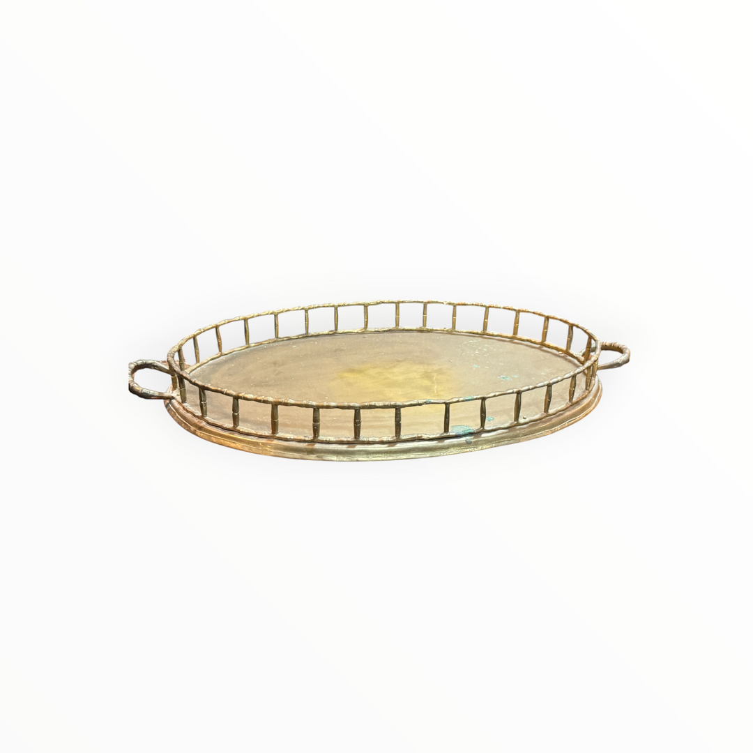 Cast Brass Faux Bamboo Handled Serving Drinks Tray 1950s  15"