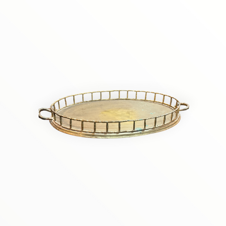 Cast Brass Faux Bamboo Handled Serving Drinks Tray 1950s  15"