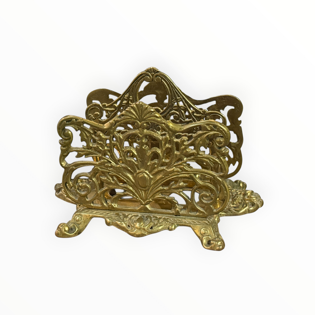 Vintage Art Nouveau Brass Letter Rack: Ornate Desk Organizer