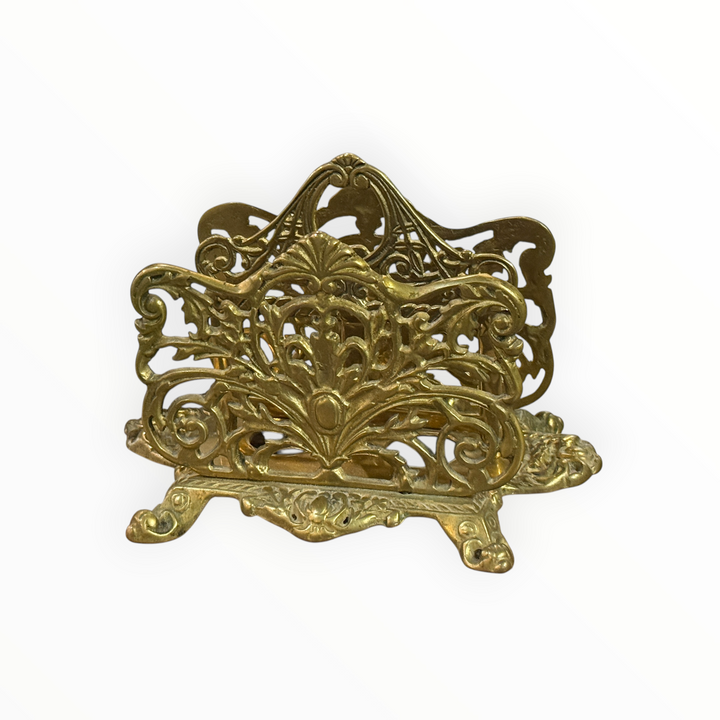 Vintage Art Nouveau Brass Letter Rack: Ornate Desk Organizer