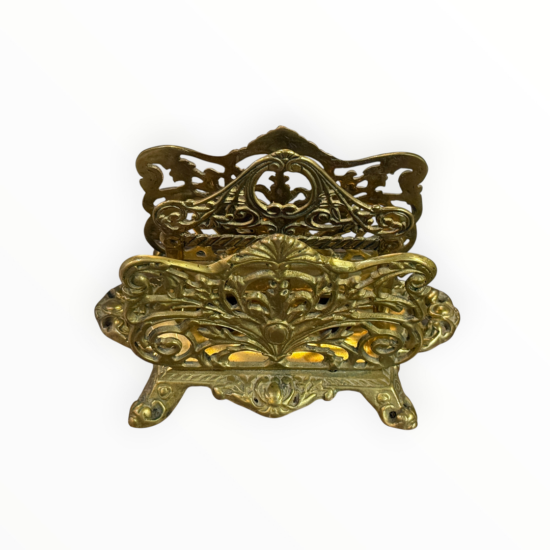Vintage Art Nouveau Brass Letter Rack: Ornate Desk Organizer