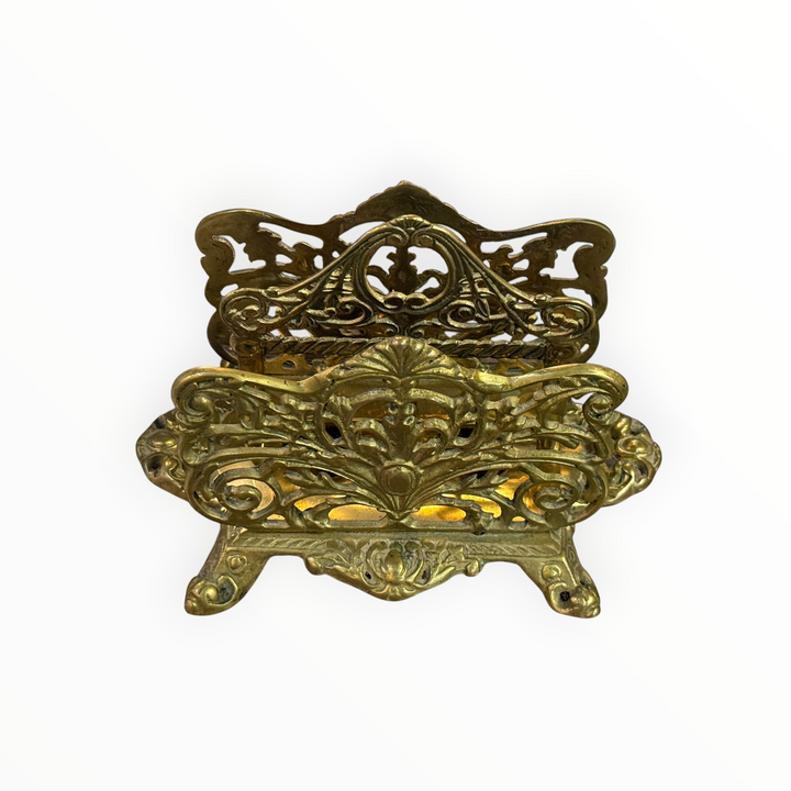Vintage Art Nouveau Brass Letter Rack: Ornate Desk Organizer