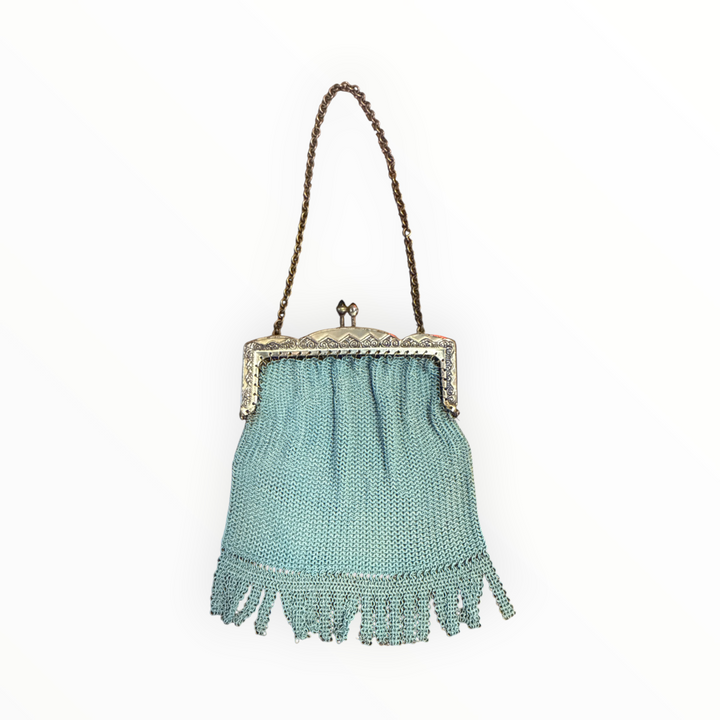 Art Deco 1920s German Chainmaille Purse Turquoise Mesh Handbag