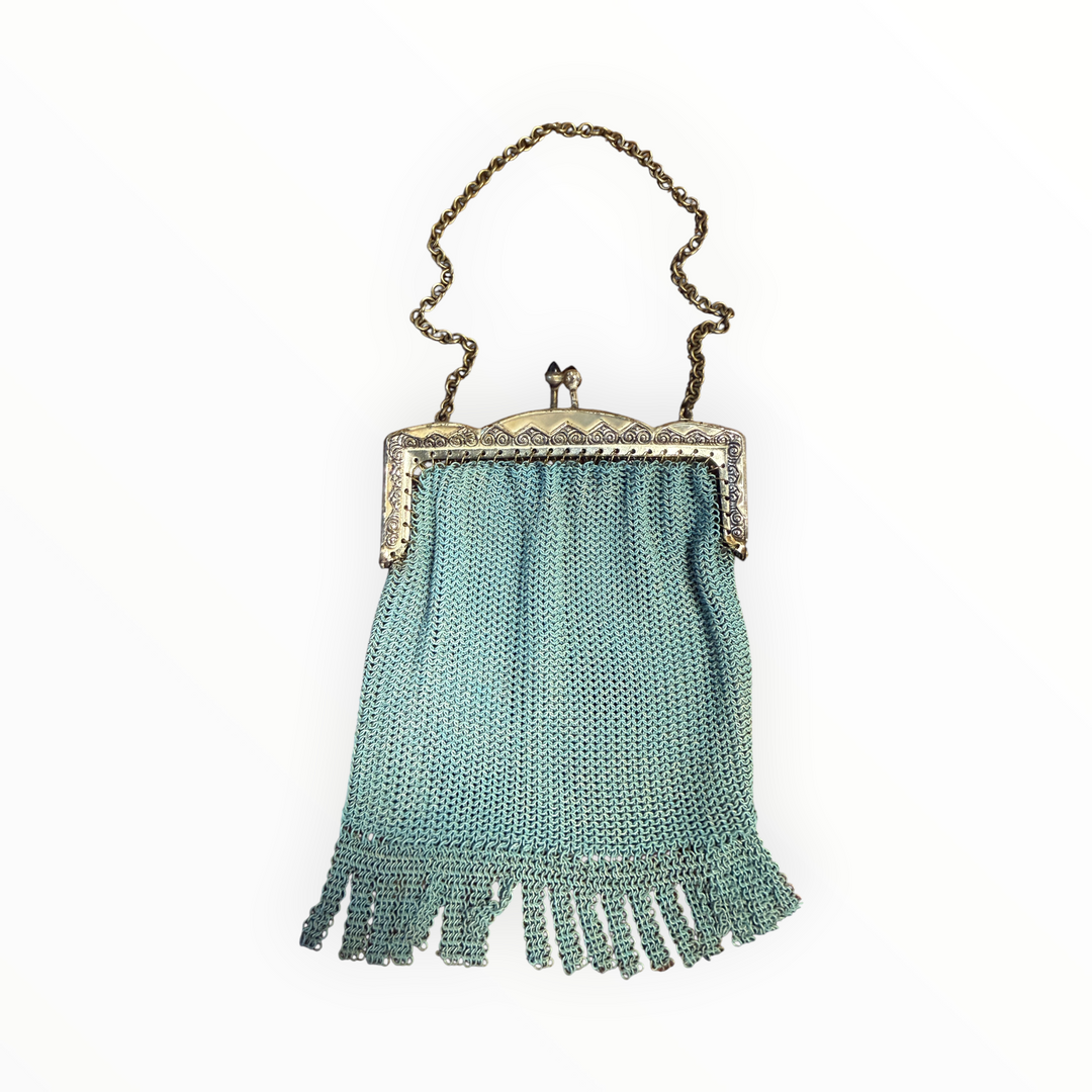 Art Deco 1920s German Chainmaille Purse Turquoise Mesh Handbag