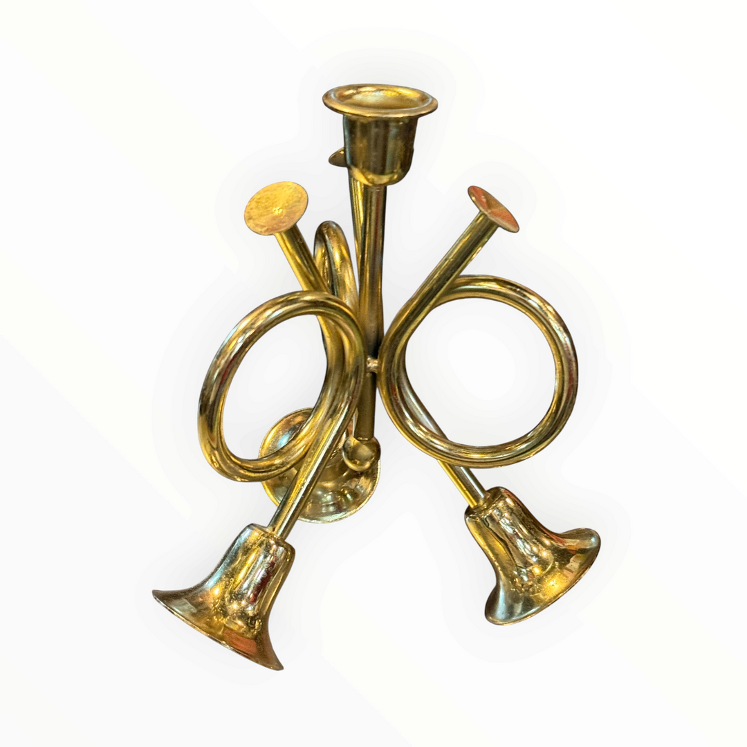 Vintage Brass Triple French Horn Tapered Candlesticks Holder