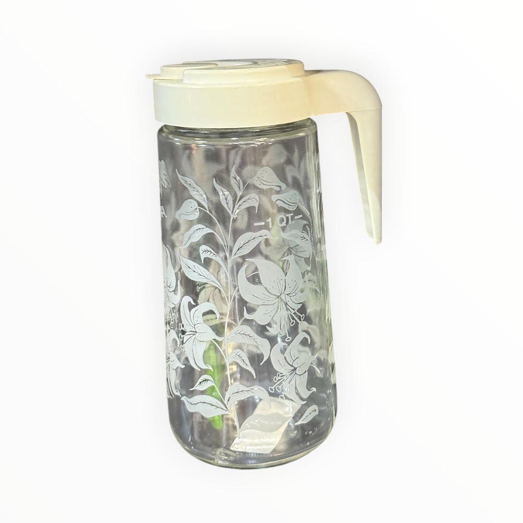 Vintage 1 Quart Tang Glass Pitcher Lid White Lily Etched Carafe