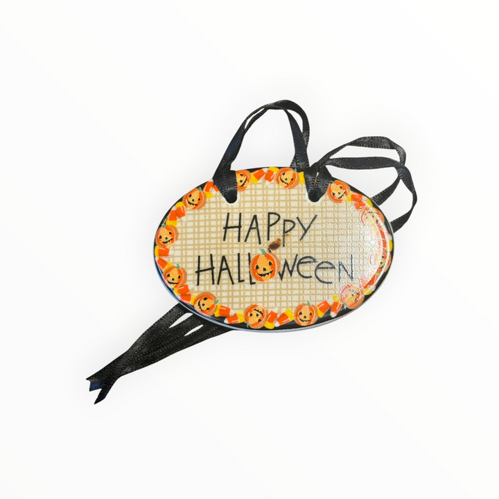 Longaberger Happy Halloween Pumpkin Pottery Oval Basket Tie On 1999