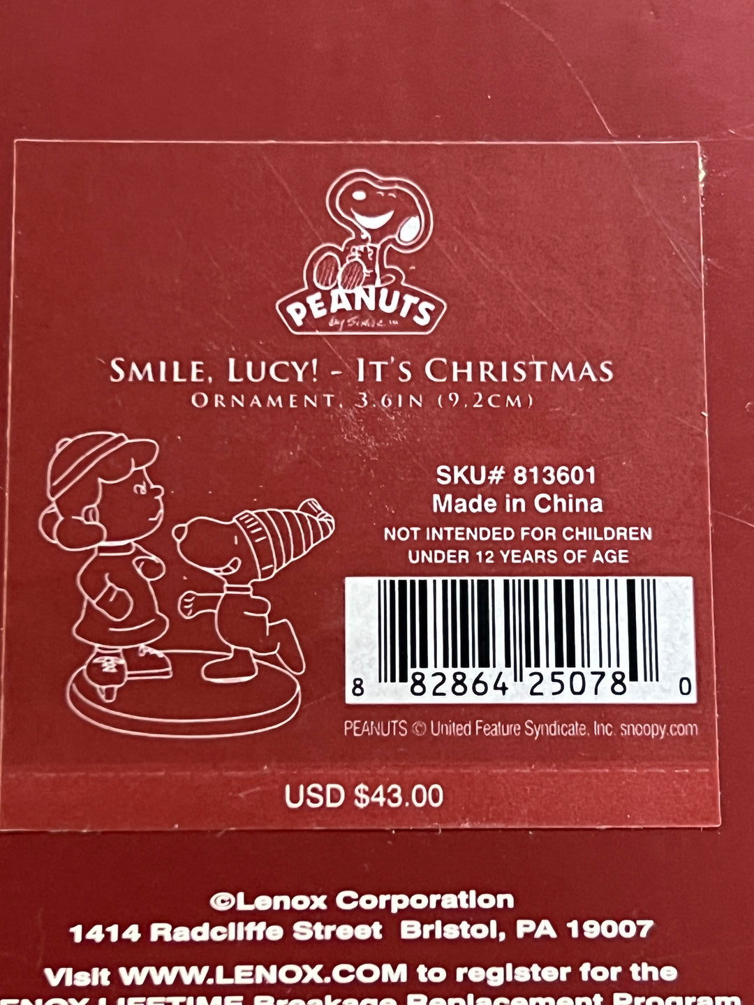 Lenox Peanuts Smilke Lucky! It's Christmas Ornament