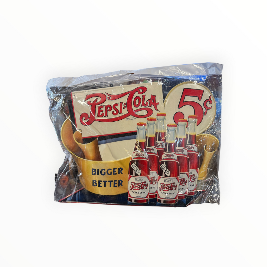 Pepsi-Cola 5¢ Embossed Tin Metal Sign - Pepsi - Bigger &amp; Better - 6 Pack Bottles Reproduction