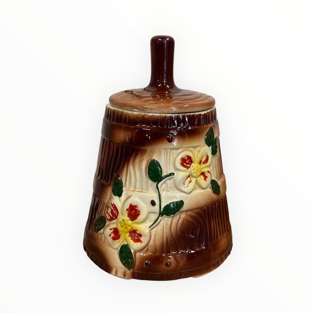 Vintage McCoy Cookie Jar &amp; Lid Butter Churn Brown With Red Dogwood Flowers
