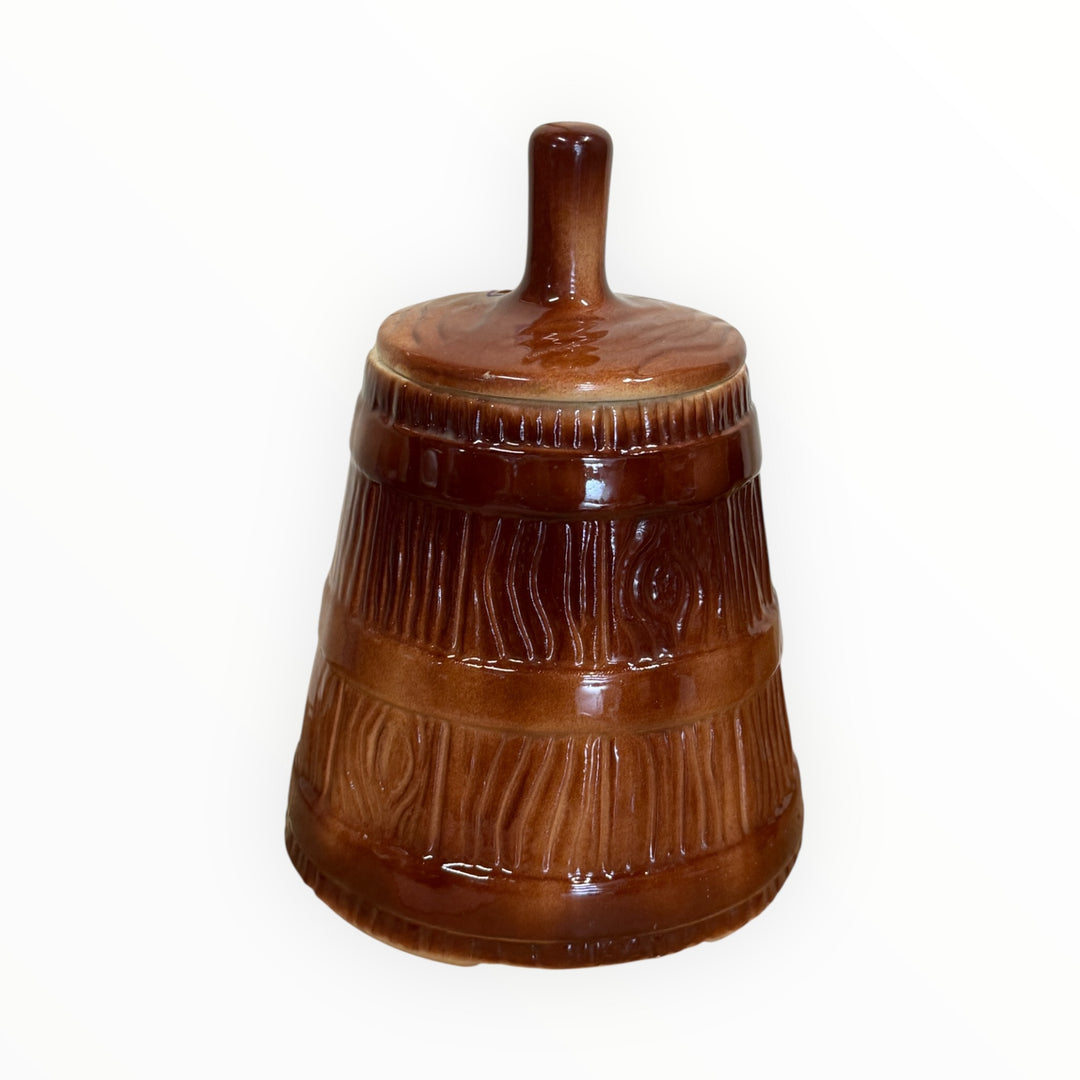 Vintage McCoy Cookie Jar &amp; Lid Butter Churn Brown With Red Dogwood Flowers