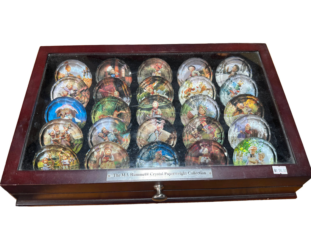 MJ Hummel Art Glass Paperweights in Display Case