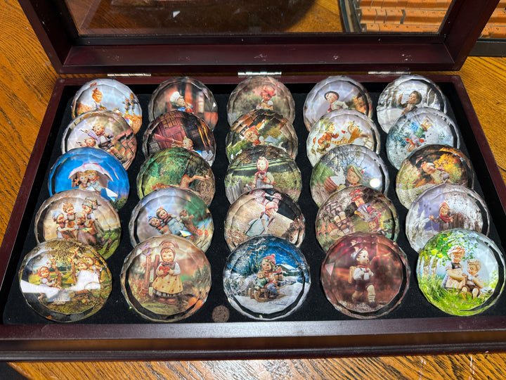 MJ Hummel Art Glass Paperweights in Display Case