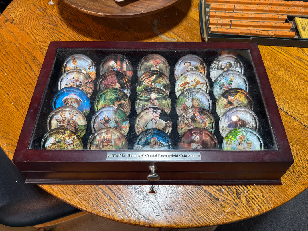 MJ Hummel Art Glass Paperweights in Display Case