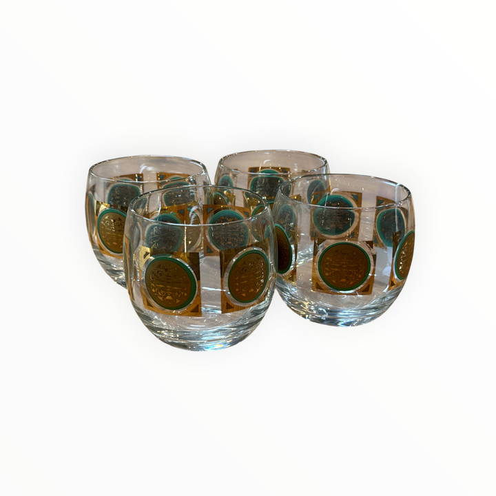 MCM Federal Glass 22k Gold Medallion, Turquoise Roly Poly Glass Set