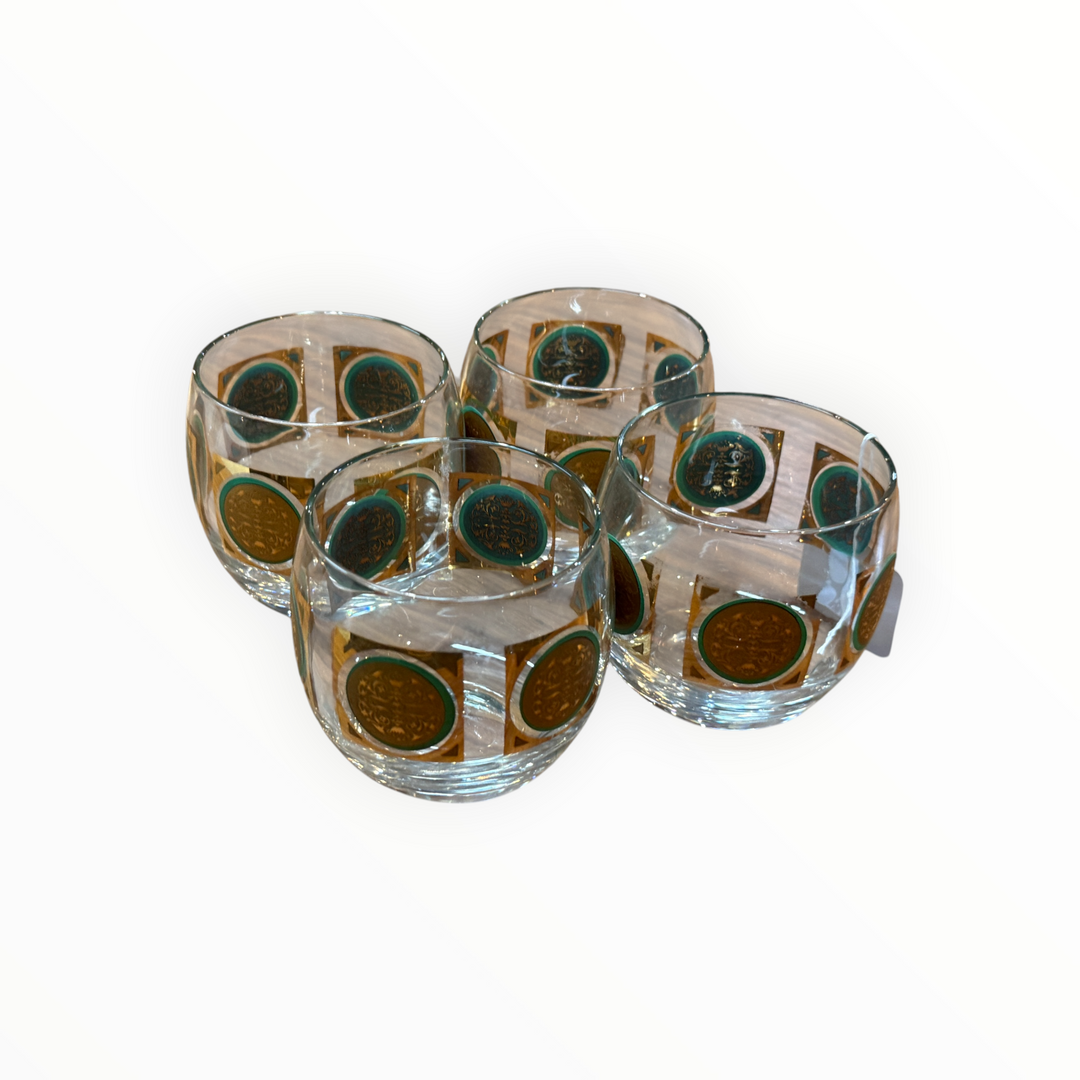 MCM Federal Glass 22k Gold Medallion, Turquoise Roly Poly Glass Set
