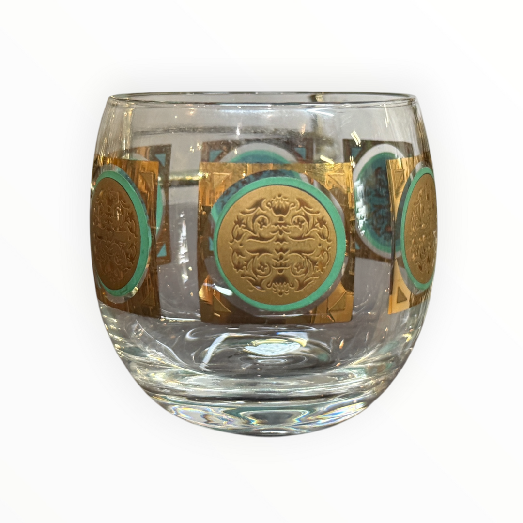 MCM Federal Glass 22k Gold Medallion, Turquoise Roly Poly Glass Set