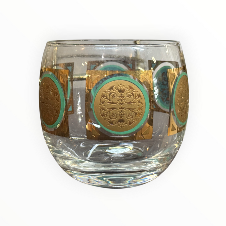 MCM Federal Glass 22k Gold Medallion, Turquoise Roly Poly Glass Set
