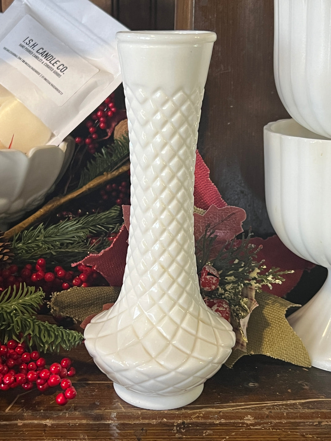 Milk Glass Diamond Pattern Bud Vase