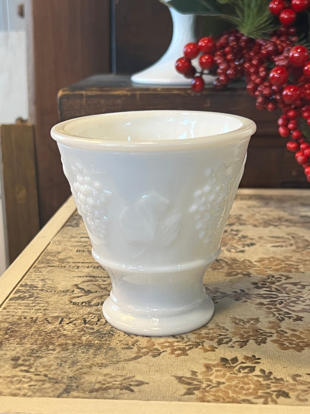 Milk Glass 2965 Grape/Leaf Pattern Vase