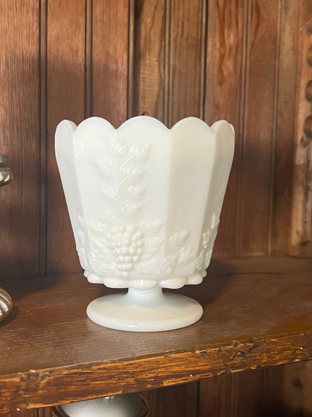 Milk Glass Paneled Grape Pattern Footed Jardiniere