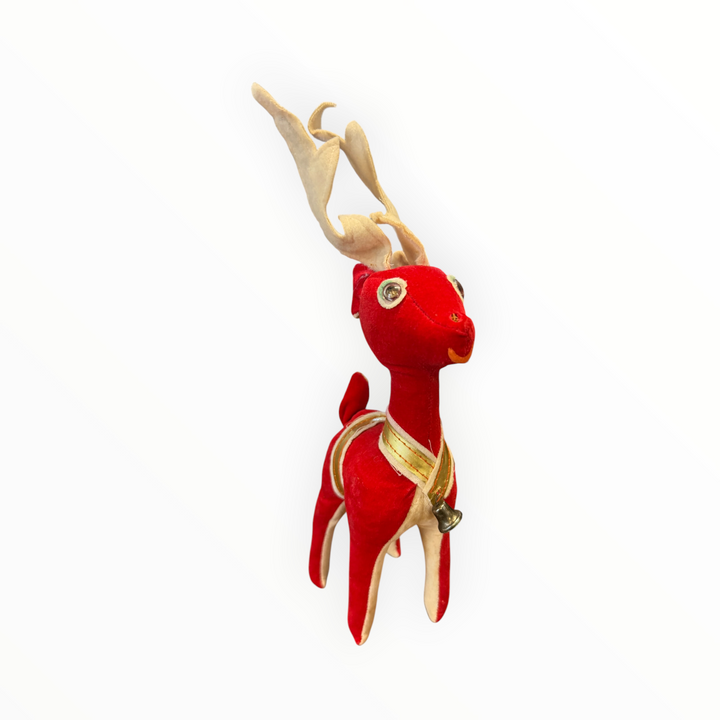 Vintage 1950 Japan Red Damaged Velvet Reindeer 10" Tall