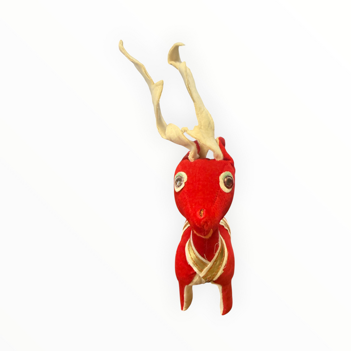 Vintage 1950 Japan Red Damaged Velvet Reindeer 10" Tall
