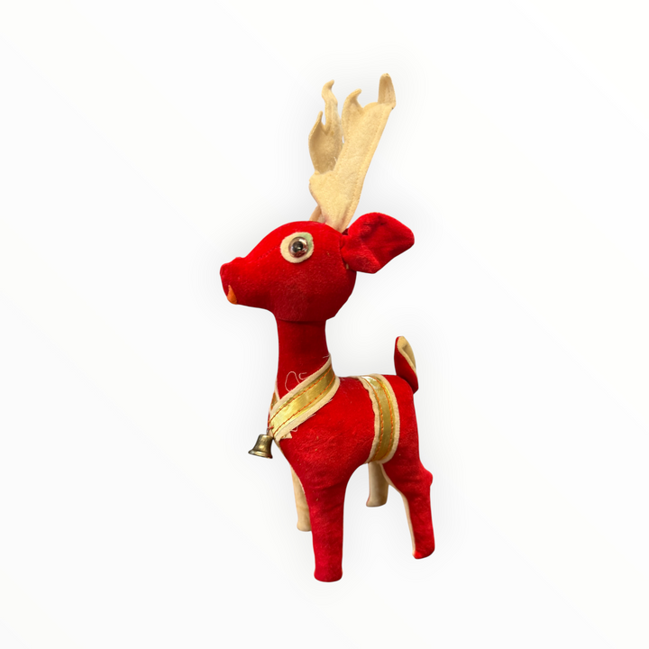 Vintage 1950 Japan Red Damaged Velvet Reindeer 10" Tall