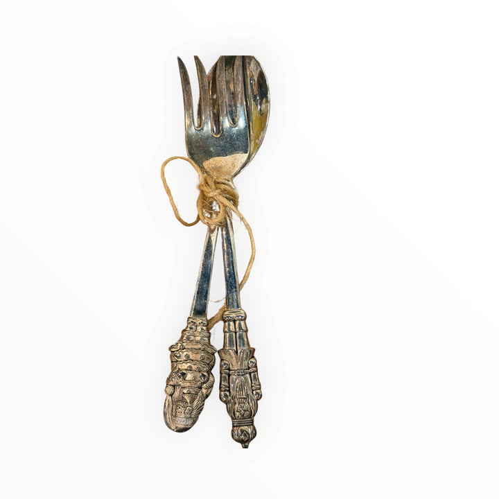 Silverplated Salad Serving Set Fork Spoon Christmas Themed