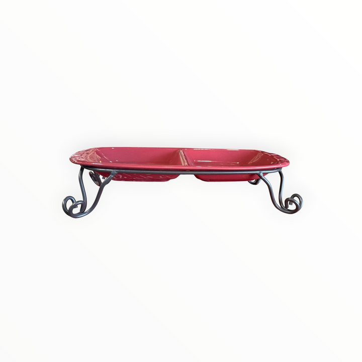 Longaberger Pottery Paprika Divided Dish with Wrought Iron Stand