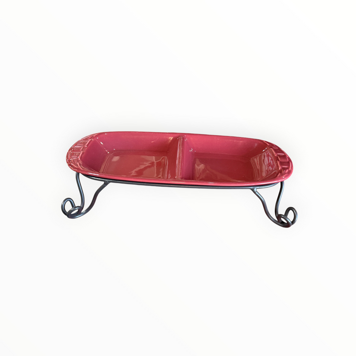 Longaberger Pottery Paprika Divided Dish with Wrought Iron Stand