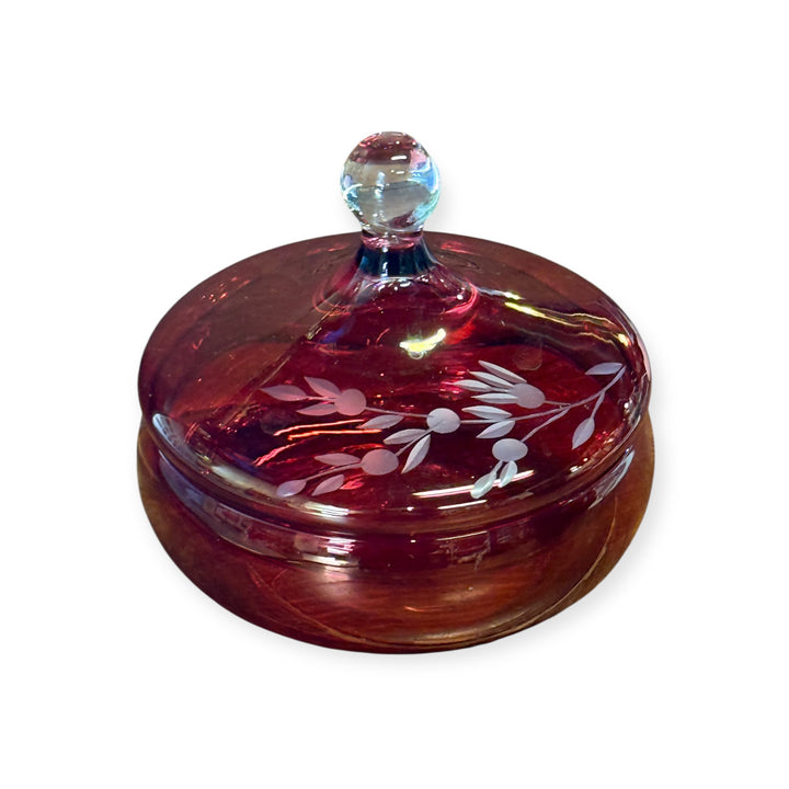 Etched Ruby Red Covered Bowl