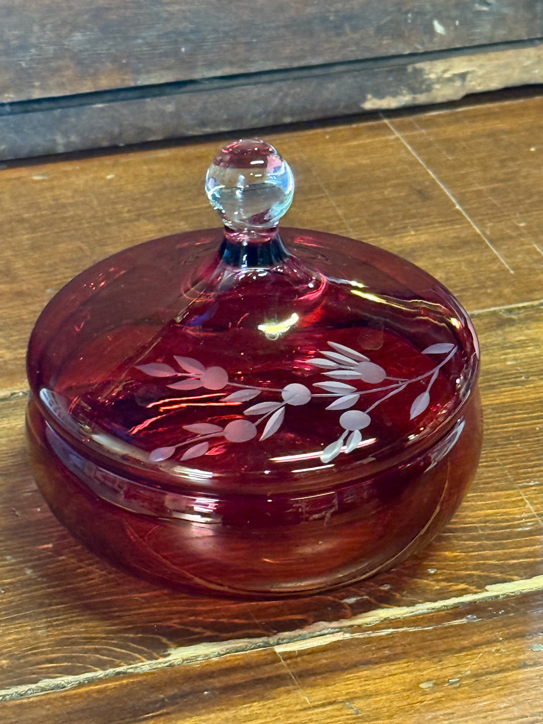 Etched Ruby Red Covered Bowl